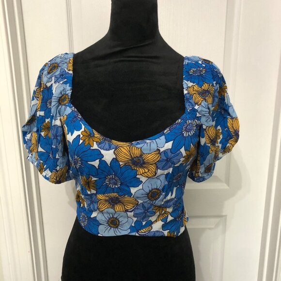 B•O•G Collective Floral Puff Sleeve Crop Top Medium Blue & Yellow NWT - Picture 4 of 8